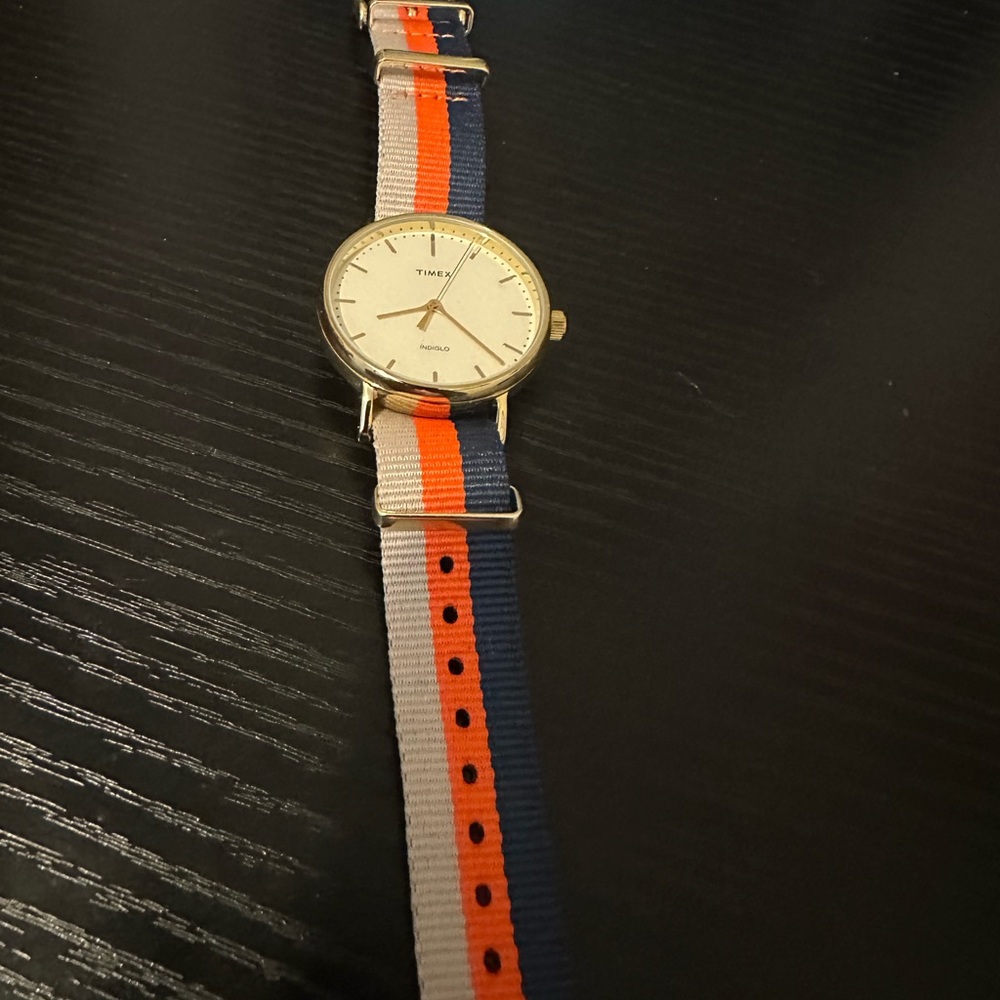 Timex Watch with Orange, Blue, and Gray Strap